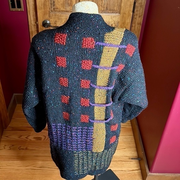 Vintage Sandra Miller Handloomed Artwear Cardigan OS in Black, Purple Red olive - Picture 12 of 16